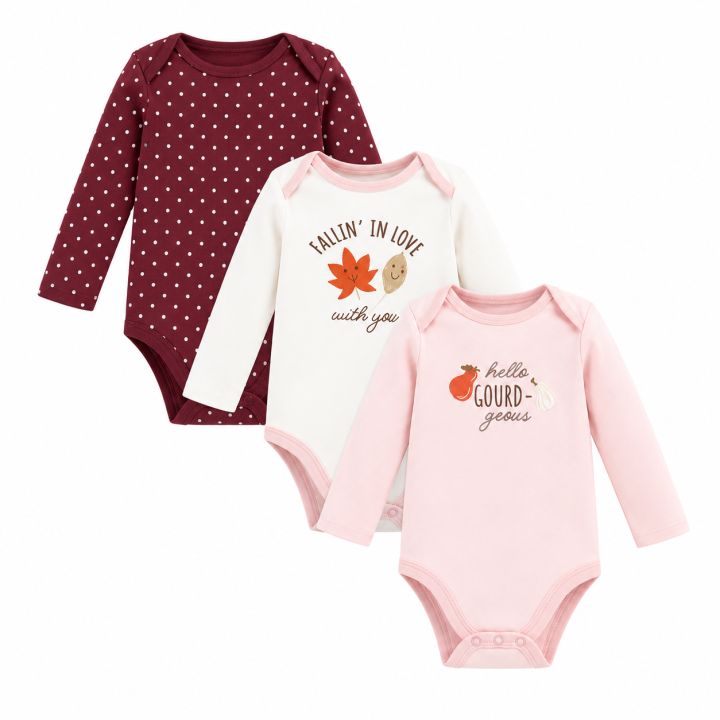 Pack of 3 Baby Cotton Long-Sleeved Bodysuits/Onesies – Soft & Comfortable Everyday Essentials