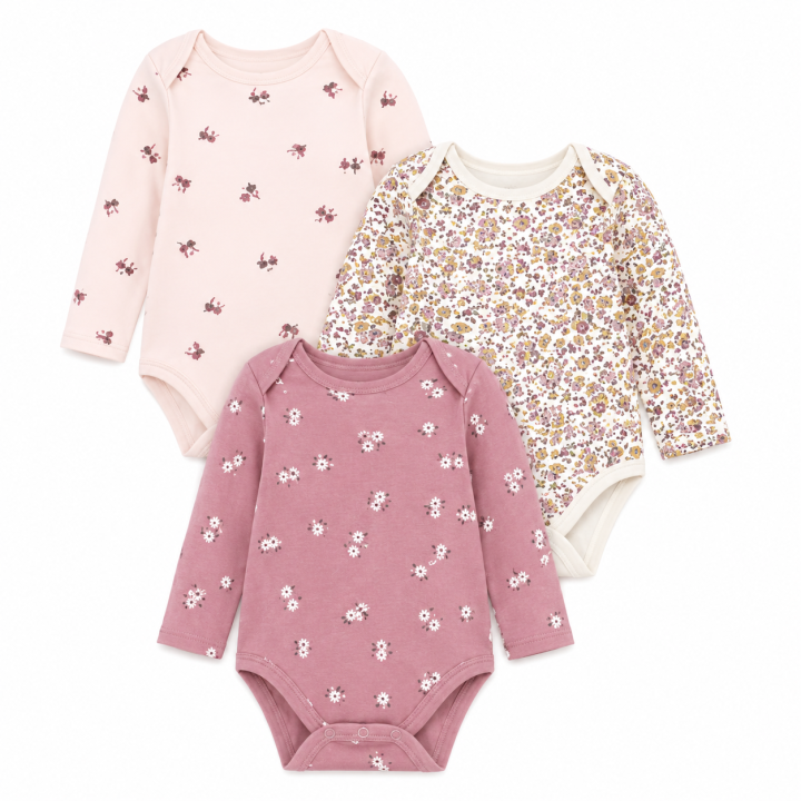 Pack of 3 Baby Cotton Long-Sleeved Bodysuits/Onesies – Soft & Comfortable Everyday Essentials