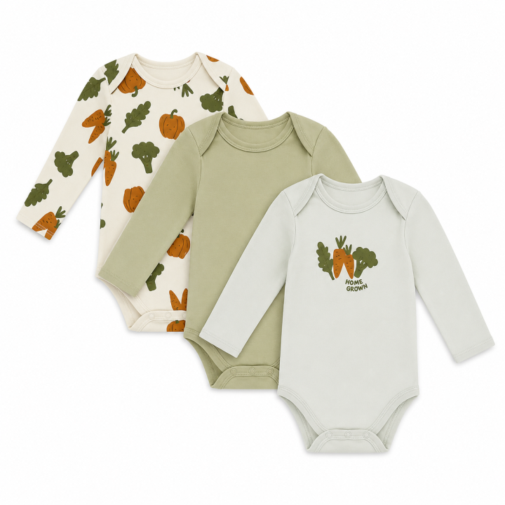 Pack of 3 Baby Cotton Long-Sleeved Bodysuits/Onesies – Soft & Comfortable Everyday Essentials