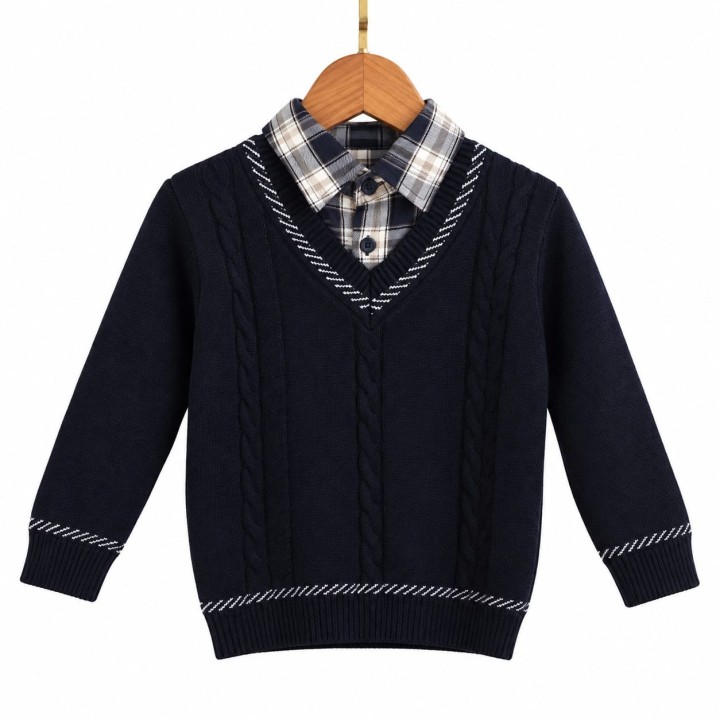Smart Sweater with Attached Check Shirt