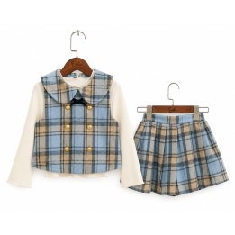 Blue Checkered Wool Skirt & Half Coat Set